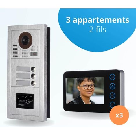 Portier interphone vidéo MODERN 2 Fils - 3 appartements - 3 écrans noirs - avec lecteur de badge (1/4)