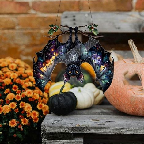 Attrape-soleil chauve-souris d'Halloween en vitrail acrylique, décoration murale, B-- (1/5)