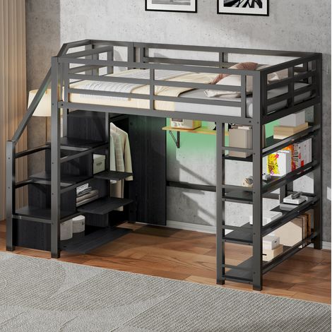 lit adulte 140x200 rangement escalier armoire métal OKMYHOME