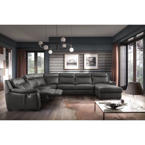 Canapé d'angle relax et convertible en cuir épais de luxe italien avec relax électrique, 8 places BOSINI, anthracite, angle gauche (1/5)