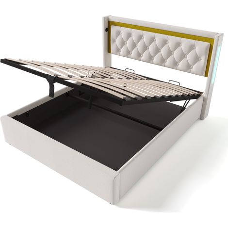 Lit coffre 140x200 en coton avec LED, recharge USB Type-C, tête de lit capitonnée, beige, HOMVRA (1/5)