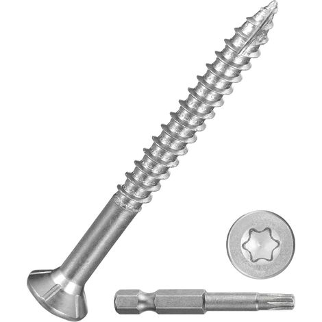 Lot de 100 vis de terrasse 10 x 2 – Idéales pour les terrasses, clôtures, cadres, fermes, meubles d'extérieur – Vis à bois en acier inoxydable 410 avec embout Torx T25 – Argent (1/5)