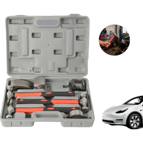 Kit de reparación de paneles de carrocería, acero forjado en caliente, 7 piezas, tipos de martillo: estándar y curvo inverso, tipos de carro: curvo y multiusos, estuche moldeado por soplado. (1/5)
