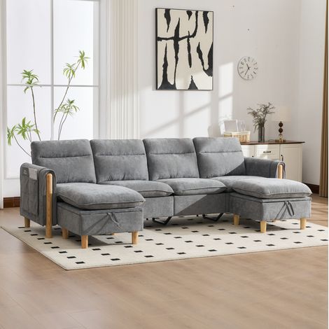 Sofá modular en U 261/77/86 cm gris claro de chenilla con 2 pufs con almacenaje (1/5)