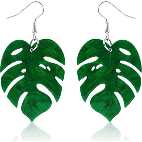 Boucles d'Oreilles Feuille Monstera et Palmier Tropicaux, Pendantes Plante 6,5x3,5cm - Cadeaux d'Anniversaire (Vert) (1/5)