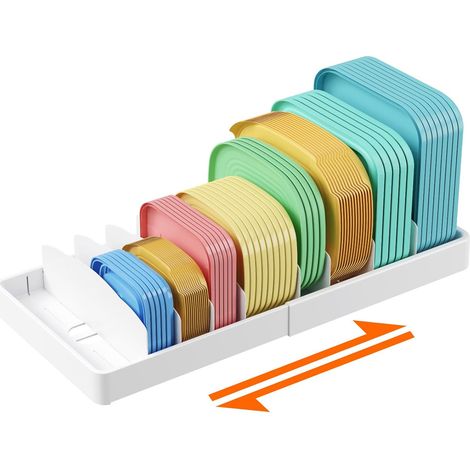 Range Couvercle Extensible 34-62 cm, Rangement Casserole Tiroir Cuisine, Organisateur de Boîte à Lunch avec 8 Séparateurs Réglables, Grand Plastique Séparateur de Vaisselle Placard, Blanc (1/5)