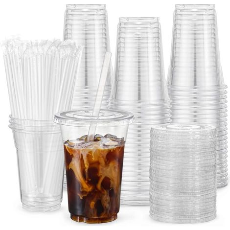 [100 Stück - 473 ml] Transparente Plastikbecher mit Deckel und Strohhalm, Einwegbecher, ideal für Eiskaffee, Smoothies, Milchshakes und andere Kaltgetränke.