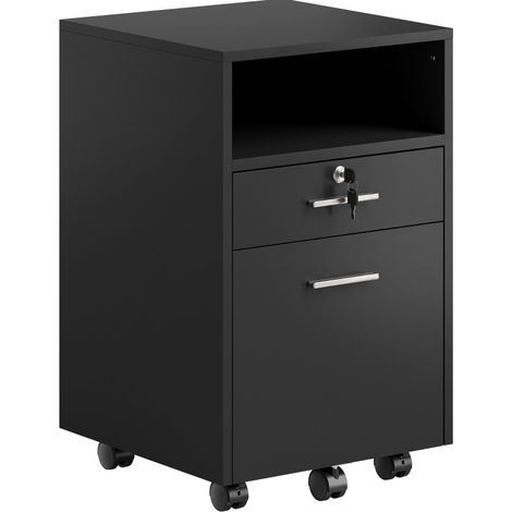 Mobile ufficio con ruote, 2 cassetti, cassetto chiudibile, MDF nero, 40 x 40 x 65 cm, HOMVRA (1/3)