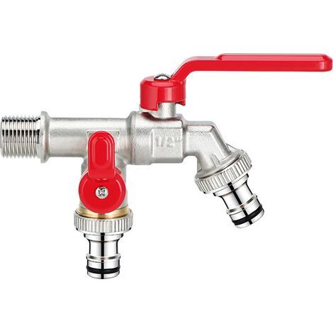 Garden tap, brass tap with double outlet 1/2 inch, double head 1/23/43/4 [extended thread 4 red dots] (1/5)