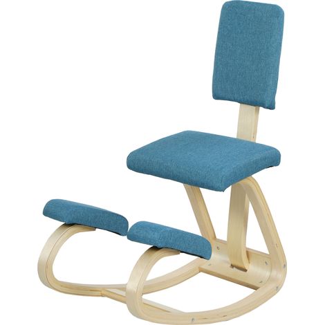 Pouf à genoux basculant tissu effet lin bleu foncé bois de bouleau 51x84x93 cm