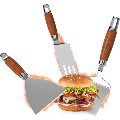 4 Spatules Inox 430 Manche Bois - Cake, Carrée, Triangle, Demi-Ronde  4 ustensiles BBQ: spatule rainurée, grattoirs, carrée. Acier 430, manche bois anti-brûlure. Polyvalent, lavable. (1/5)