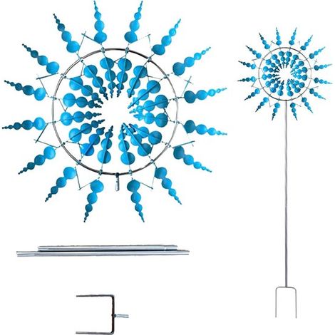 Éolienne cinétique décorative en métal avec piquet de jardin, moulin à vent 3D attrape-vent pour pelouse, terrasse et jardin, décoration extérieure, bleu (1/5)