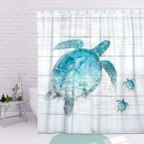 Rideau de douche bleu turquoise Motif tortue de mer Style maison de campagne Couleur bois Océan Mer Animal Salle de bain vintage Imperméable Lavable Avec 12 anneaux blancs 180x180cm (1/5)