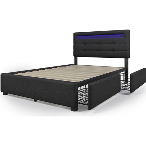 Einzelbett 90x200 cm mit LED, verstellbarem Kopfteil und 2 Schubladen, Schwarz (1/5)