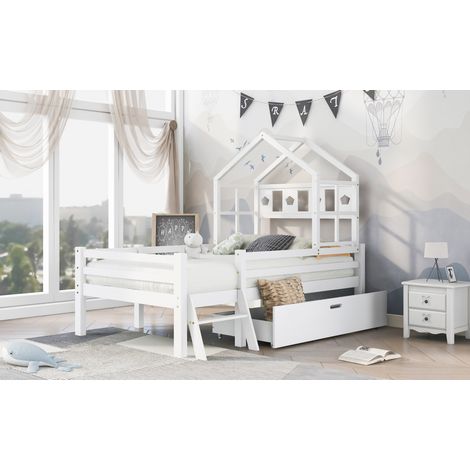 Lit mezzanine enfant 90/200 cm blanc en bois massif avec tiroir, échelle et barrières (1/5)