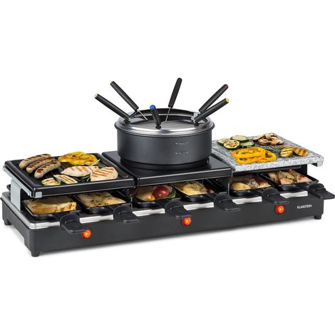 Klarstein – Appareil à raclette 3-en-1 – Gril à raclette, fondue et plaque en granit naturel – 1650 W pour 12 personnes – Thermostat réglable