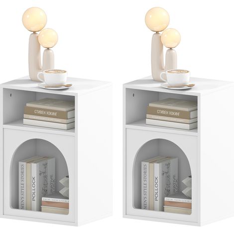 Lot de 2 tables de chevet, table de nuit avec compartiments ouverts, design arqué, 40 x 30 x 60 cm, blanc (1/5)