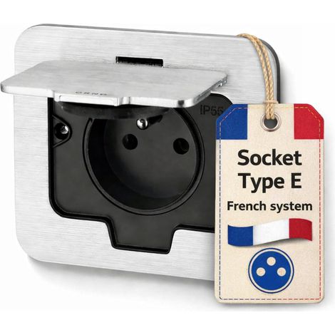 Prise encastrable en acier inoxydable, prise de sol IP55, couvercle à charnière, borne enfichable, type E français (1/5)