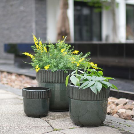 Pot de fleurs en céramique Ø 38 cm, vert foncé brillant, avec trous de drainage, OKMYHOME (1/5)