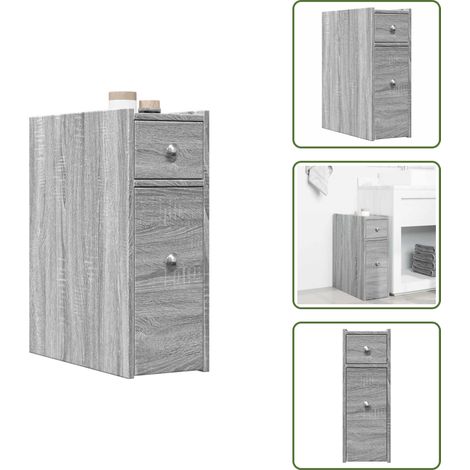 Badschrank Schmal mit Rollen Grau Sonoma Holzwerkstoff - Schmaler Badezimmerschrank - Badezimmerschrank Schmal - Schmale Badezimmerschränke - Hoher Badezimmerschrank