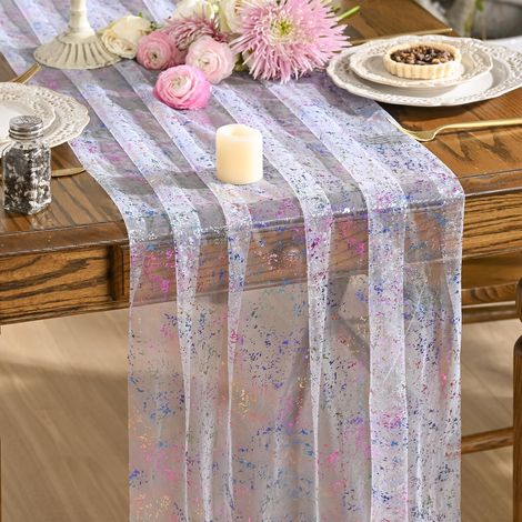 Artoid Mode Gaze Tulle Multicolore Doré Chemin de Table 70 x 300 cm, Feuille d’Or Décoration de Table Cuisine Vacances Anniversaires (1/5)