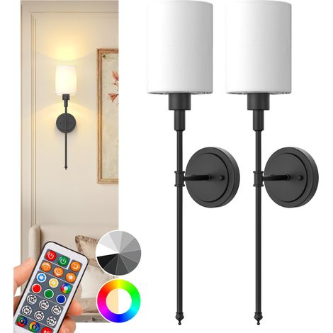 Wall Lamp with Remote Control Cylinder Fabric Shade Matte Black 2 Pack with Charging Bulb (1/5)