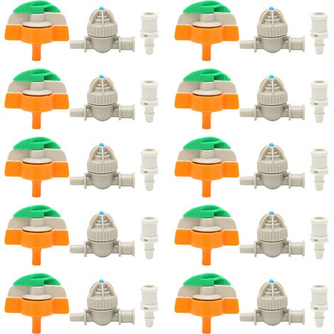 Lot de 10 buses d'arrosage rotatives avec dispositif anti-goutte et raccord cannelé 4/7 pour tuyau d'arrosage, pour l'irrigation de serres et de jardins. (1/5)