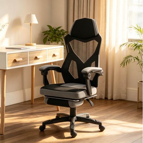 Sedia da ufficio gaming ergonomica, schienale alto, altezza regolabile, nero e grigio DESVIAE (1/5)