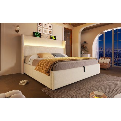 Lit coffre 180x200 cm, tête de lit haute avec LED, USB et Type-C, rangement hydraulique, lin beige, sommier inclus, sans matelas (1/5)
