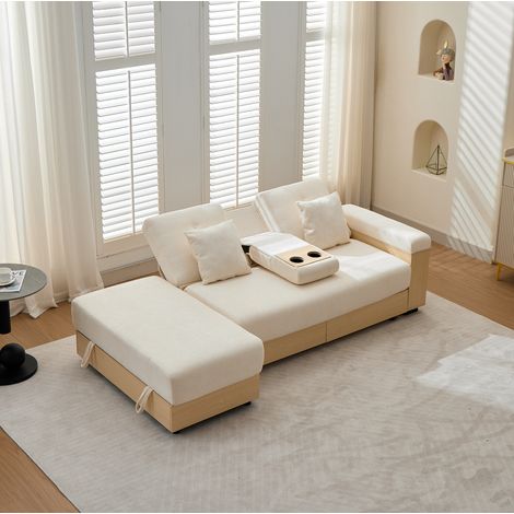 Canapé convertible avec rangement, dossier 3 positions, 217 x 110 x 90 cm, chenille beige DESVIAE (1/5)