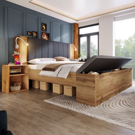 Lit coffre 160x200 avec lampes USB et chêne HAVRYA (1/5)