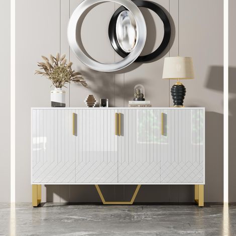 Buffet brillant 140 cm - avec 4 portes de rangement, poignées et pieds en métal, design géométrique blanc, buffet moderne pour cuisine, salon, salle à manger - Blanc (1/5)