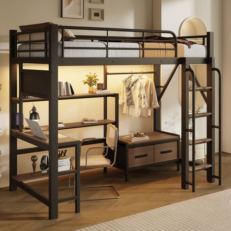 Letto rialzato per bambini 90 x 200 cm con scrivania, LED, USB e vani, nero DESVIAE (1/5)