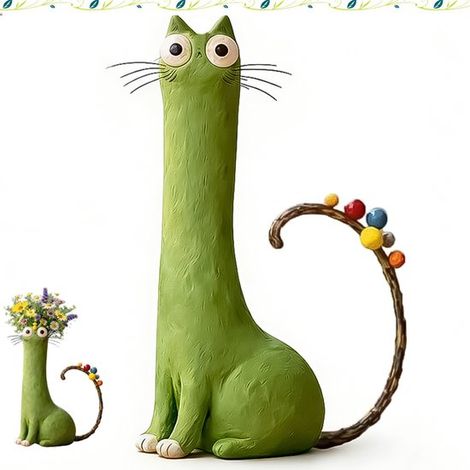 Vase décoratif - Vase - Vase en résine - Vase chat mignon - Vase en résine fait main - Décoration de bureau - Ornement en forme de chat - Vert - Convient pour la maison, le bureau, le salon, une étagè (1/5)