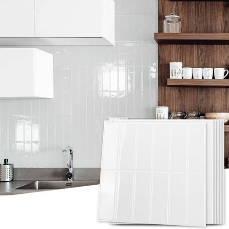 10 feuilles autocollantes pour crédence métro 30x30cm, carreaux muraux autocollants pour cuisine, salle de bain, salon, carreaux à coller, rectangle blanc (1/5)
