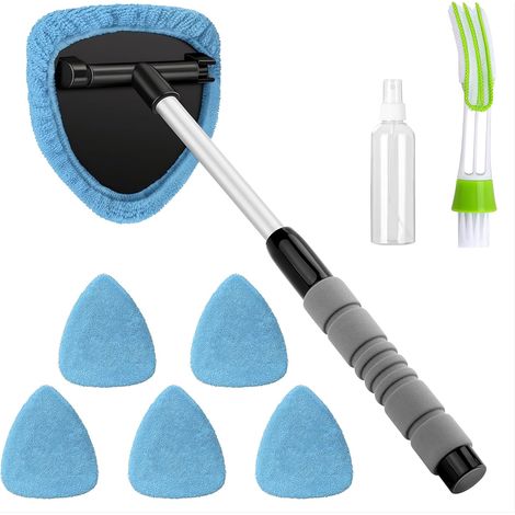 Car Windshield Cleaning Tool, Windshield Cleaner with Extendable Handle Car Window Cleaning Tool with 6 Microfibre Pads, Brush and 1 Spray Bottle Light Blue (1/5)