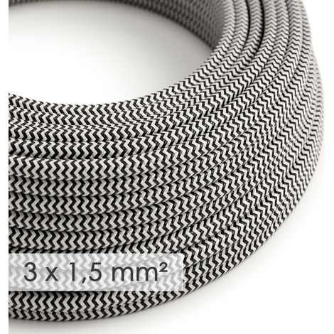 Creative-Cables Cavo elettrico in tessuto, Sezione 3x1,50, Nero ZigZag RZ04, 1 m, Rotondo, effetto seta