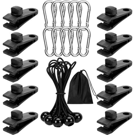 Set de tendeurs de bâche, 30 pièces Clips et tendeurs Robustes, Pinces en Nylon avec mousquetons et Cordes élastiques, Fixation réglable pour Camping, Voile d'ombrage et Bateau (1/5)