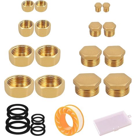 Kit Bouchon Radiateur et Raccord Plomberie Laiton, Bouchon Arrivee d’Eau Robinet 1/2 1/4 1/8 3/8, avec Accessoires de Bouchon Tuyau, 16 Pièces (1/5)
