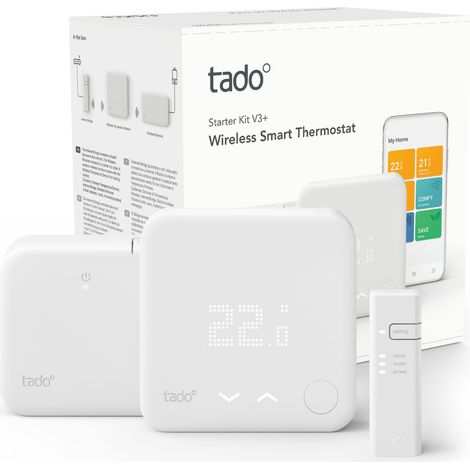 Tado Kit Base, Termostato Intelligente Radio V3+, Termostato digitale per caldaia, Cronotermostato, Termostato intelligente, compatibile con Alexa, Siri e Google Assistant (1/8)