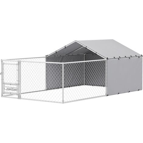 PawHut Kennel per Cani con Coperture Protettive e Ciotole Girevoli Argento (1/5)