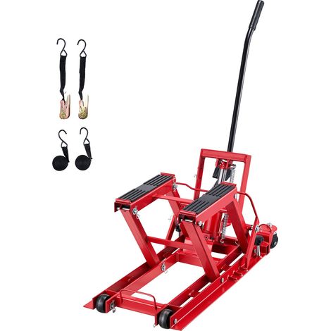 Cric hydraulique pour moto, 680 kg, support mobile sur 4 roues, hauteur 115-385 mm, levage au pied pour motos, quads et cross. (1/5)