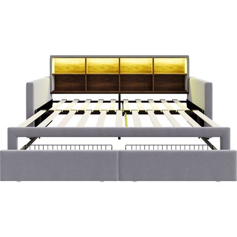 Cama banqueta extensible 90x190 cm en terciopelo gris claro con almacenaje y LED (1/5)
