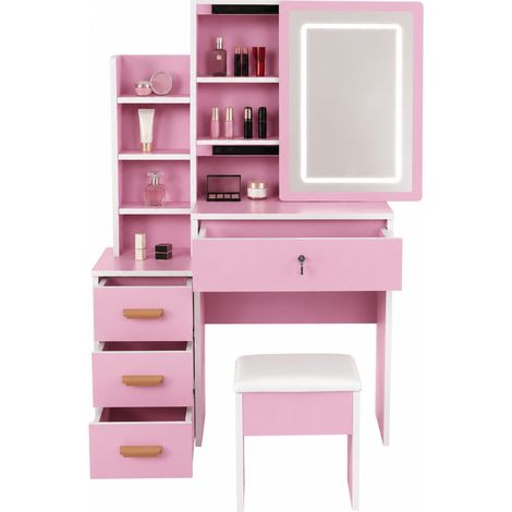 ELVMI Toeletta con specchio LED, 4 cassetti, illuminazione regolabile, vani laterali e sgabello, camera rosa (1/5)