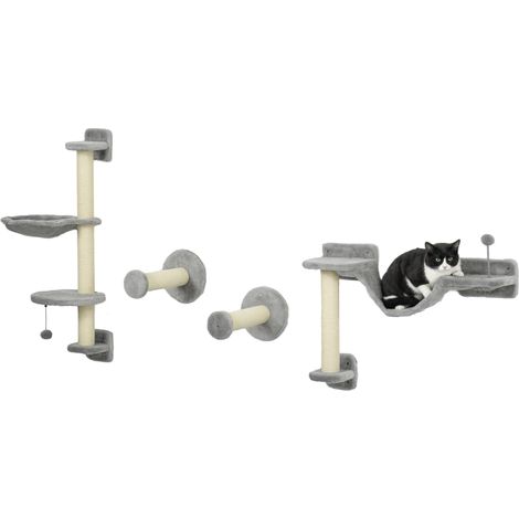Vierteiliges Katzenwandmöbel-Set mit Hängematte, Liegeflächen, Leiter und Kratzbaum, Grau
