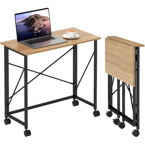 Bureau pliable avec roulettes en acier et MDF, gain de place, design en chêne, idéal pour petits espaces (1/5)