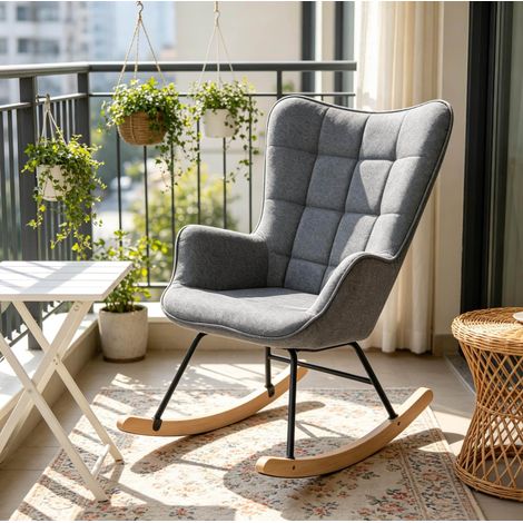 Fauteuil à bascule ergonomique avec haut dossier, velours gris foncé, bois, métal (1/4)