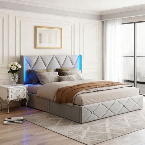 Cama lit 140x190 - POCKETPOP - Terciopelo gris - Cabecero con Led - Estructura de cama con somier de lamas de madera - 2 plazas