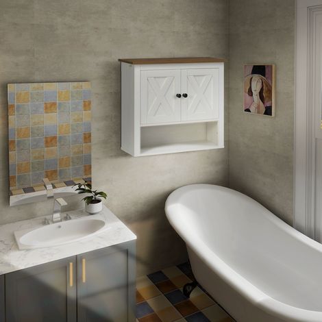Armoire Murale Salle de Bain  Placard Portes + Compartiment Ouvert  60x19,5x52,5 cm  Blanc