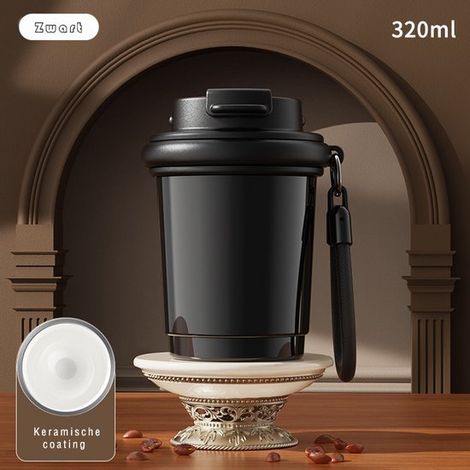 Mini tazza da caffè 320 ml - Rivestimento interno in ceramica - Strato isolante in acciaio inox - Design portatile - Unisex - A prova di perdite - Design elegante - Nero